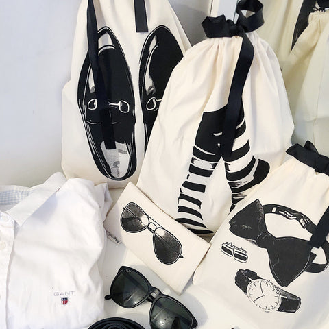 Bag-all Sock Short Bag in Cream - Stylish cotton organizing bag with black drawstring closure, perfect for storing and organizing socks at home or while traveling. Features monogram option.