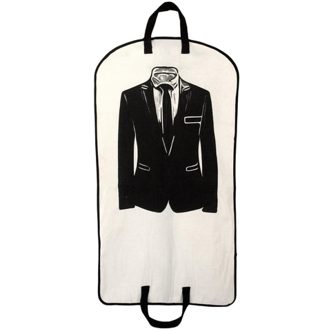 Bag-all Men's Suit Garment Bag in cream with black suit print, dual handles, storage pocket and metal zipper - premium cotton protective cover for formal wear