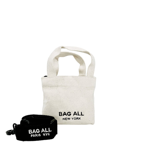 Bag-all cream cotton mini tote bag with adjustable strap, featuring internal pocket and classic design, perfect for everyday essentials and sustainable organization