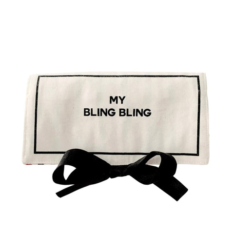 Bag-all Jewelry Organizer Travel Pouch in cream cotton with black bow and 'My Bling Bling' text, featuring multiple compartments for jewelry storage and organization
