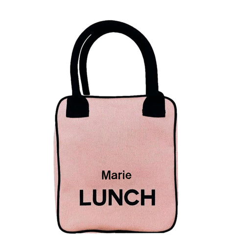 Bag-all Insulated Lunch Box in blush pink with black handles and text, featuring personalized name Marie, perfect for work or school meals