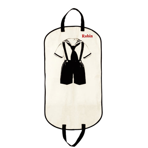 Bag-all Kids Garment Bag Boy in cream featuring black suit graphic, dual handles, storage pockets, and customizable name monogram for organized clothing storage
