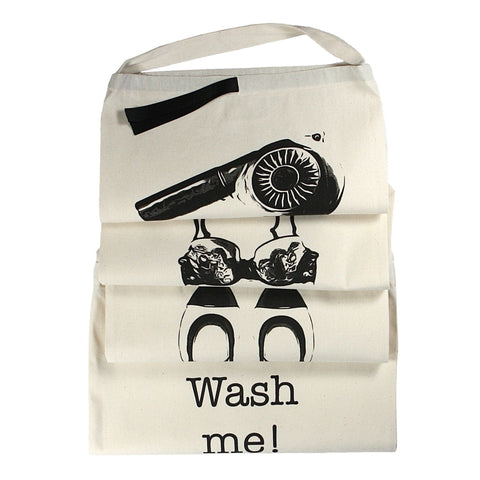 Bag-all Women's Travel Set 4-pack in cream featuring organized compartments for laundry, hairdryer, lingerie, and ballet flats with stylish black graphic prints on cream cotton canvas