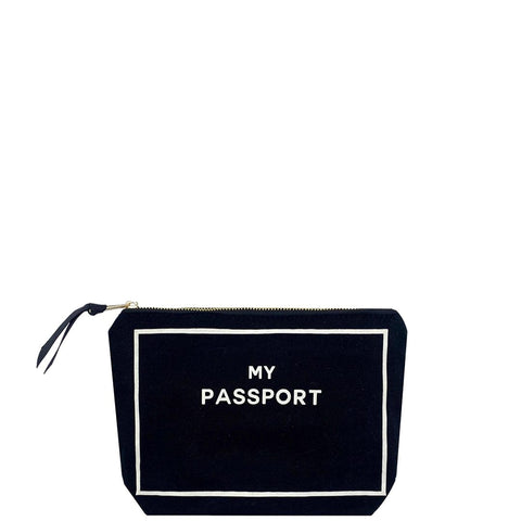 Bag-all Black Passport Pouch - Stylish cotton travel organizer with white border and text, featuring secure zipper closure for passports and travel essentials