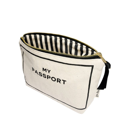 Bag-all Passport Pouch in cream cotton with striped lining, featuring 'My Passport' text and gold zipper - perfect travel organizer for documents and multiple passports