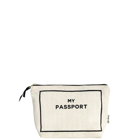 Bag-all Cream Passport Pouch - Compact cotton travel organizer with black text 'MY PASSPORT', zippered closure and striped interior lining for secure document storage