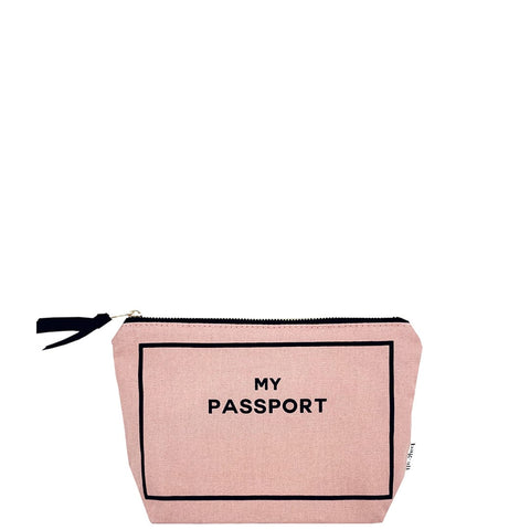Bag-all Passport Pouch in Pink/Blush with cotton exterior, gold zipper, and black text 'MY PASSPORT', perfect for organizing travel documents and boarding passes