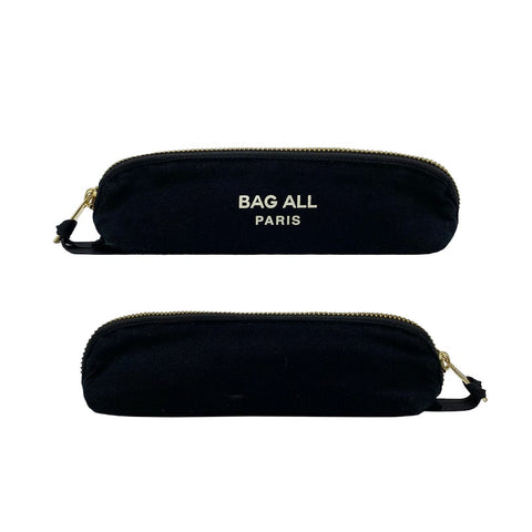 Bag-all Black Pencil Case with metal zipper, slim cotton canvas design featuring gold logo embossing and tassel detail, perfect for organizing stationery