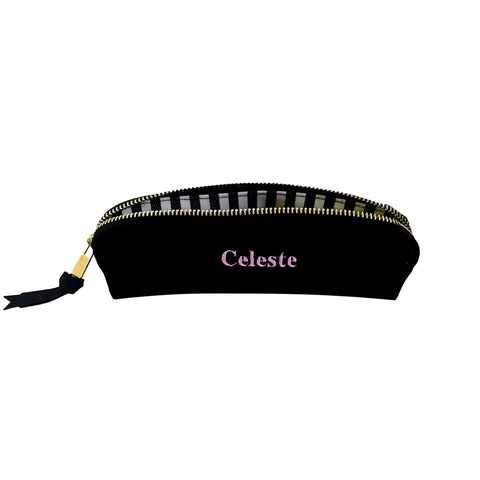Bag-all Small Makeup Bag in Black Cotton with Striped Interior, Personalized Name, Gold Zipper Detail and Tassel - Compact Cosmetic Storage Solution