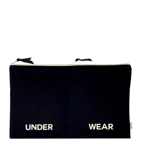 Bag-all Double Lingerie Packing Pouch in black cotton with 'UNDER WEAR' text print, featuring dual compartments and recycled grosgrain ribbon zippers