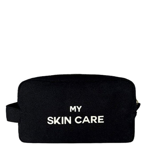 Bag-all My Skin Care Organizing Pouch in black with white text, waterproof interior, gold zipper, perfect for storing skincare products and travel essentials