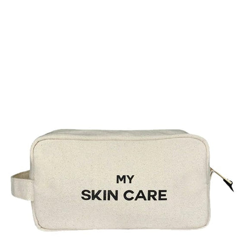 Bag-all My Skin Care organic cotton travel pouch - Essentials Getaway collection toiletry organizer, cream canvas with black text