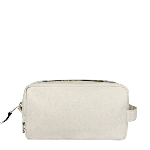 Bag-all My Skin Care Organizing Pouch in natural cotton canvas with waterproof lining, gold zipper, and side handle - perfect for beauty products storage