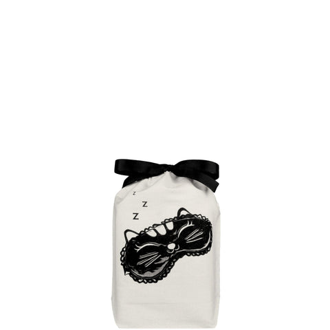 Bag-all Cat Sleepy Mask Bag in cream cotton with black bow and printed sleeping cat mask design, perfect for organizing sleep accessories