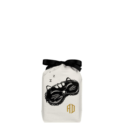 Bag-all Cat Sleepy Mask Bag in cream cotton with black cat mask design and bow, featuring gold monogram and Zs, perfect for sleep accessories