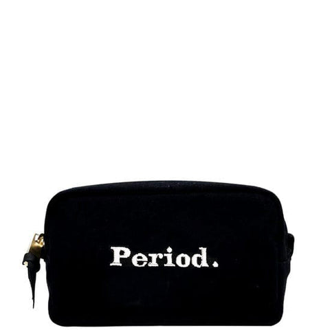Bag-all Stylish Sanitary Pouch in black cotton with white Period embroidery, designed for discreet feminine care storage with striped interior lining