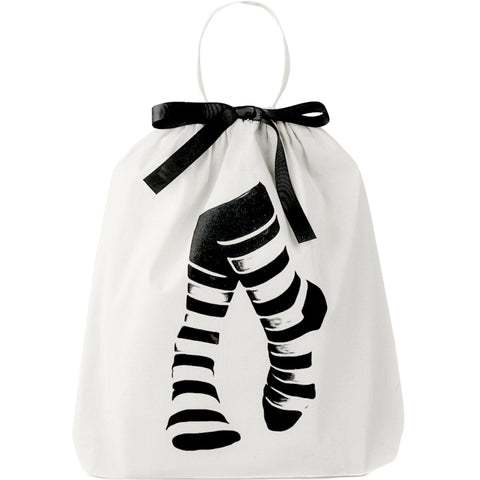 Bag-all Sock Short Bag in Cream with black striped socks graphic and bow tie closure, perfect for organizing and storing socks while traveling or at home