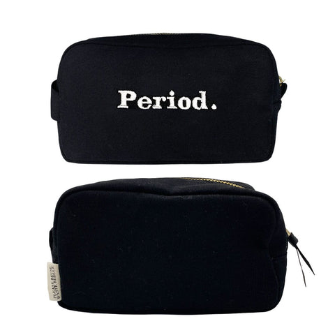 Bag-all Stylish Sanitary Pouch in black cotton with white Period embroidery, striped interior lining, perfect for organizing feminine essentials, compact travel size