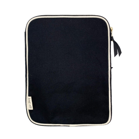 Bag-all Tablet Case 11" in black with charger pocket featuring cream trim, metal zipper, and protective padding for modern device storage