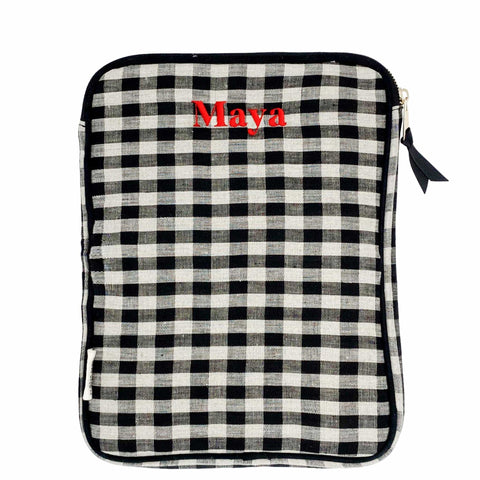Bag-all Tablet Case 11" in black and white gingham pattern with charger pocket, featuring personalized text, padded protection and front storage compartment for accessories