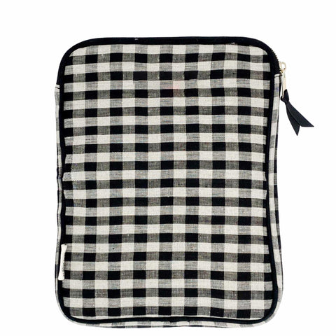 Bag-all Tablet Case 11" in black and white gingham pattern with charger pocket, padded protection, zipper closure, perfect for daily tablet transport