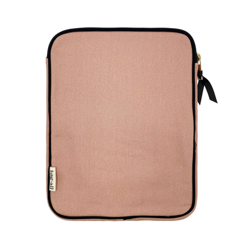 Bag-all Tablet Case 11" in blush pink cotton with black trim, featuring padded protection and convenient charger pocket, perfect for stylish device organization