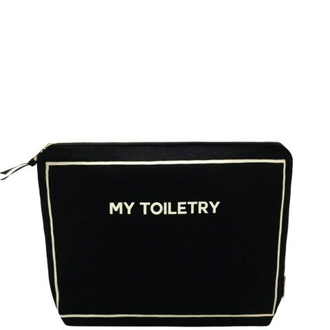 Bag-all Black Toiletry Pouch with Coated Lining - Cotton travel case featuring 'My Toiletry' text, waterproof interior, and metal zipper for organizing beauty essentials