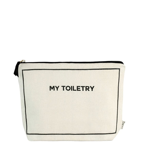 Bag-all Toiletry Pouch with Coated Lining in cream canvas, featuring black trim and "MY TOILETRY" text, perfect for organized travel and leak-proof storage