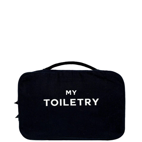 Bag-all Black Folding/Hanging Toiletry Case with 'MY TOILETRY' text in white, featuring three compartments and hanging hook for travel organization and storage