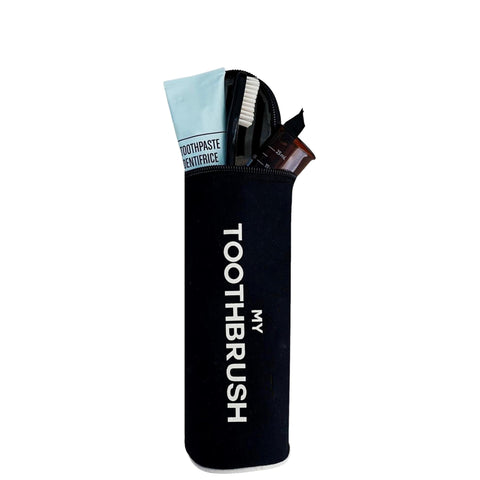 Bag-all Black Toothbrush Travel Case - cylindrical organizer with metal zipper, fits 5 regular or electric toothbrushes and toothpaste, features white text print and waterproof lining