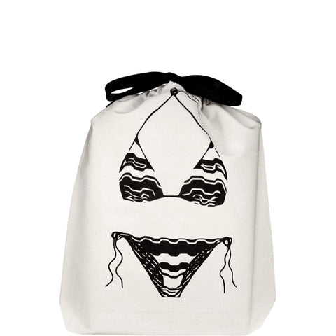 Bag-all Triangle Bikini Travel Bag in cream cotton with black bikini design print, drawstring closure, perfect for beach trips and swimwear organization