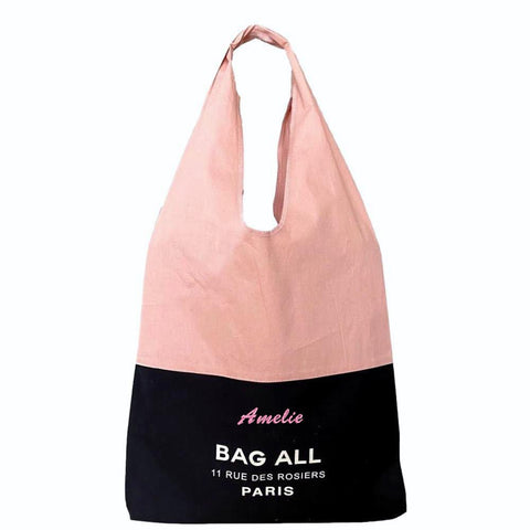 Bag-all Two Tone Tote Bag Paris in pink and black with personalized monogram ‘Amelie’. Customizable eco-friendly cotton tote