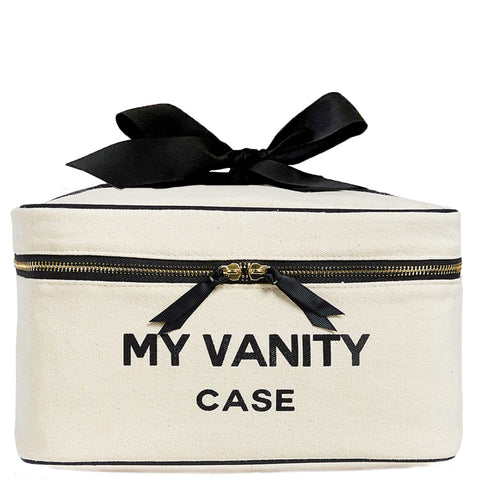 Bag-all My Vanity Large Beauty Box in cream with black bow detail, waterproof lined cosmetic case featuring gold zipper and bold text design