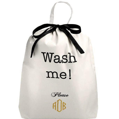 Bag-all Deal Gift Set featuring white cotton laundry bag with 'Wash me Please!' text, black ribbon closure and gold monogram, part of Her Favorites 3-pack Cream collection