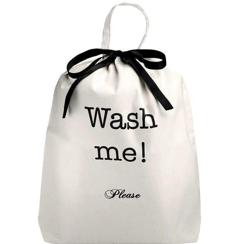 Bag-all cream cotton laundry bag with black drawstring and 'Wash me! Please' text print, perfect for travel and home organization
