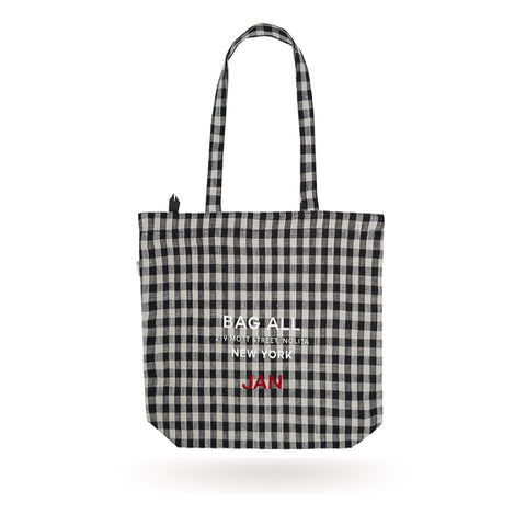 Bag-all New York City Tote in black and white gingham pattern with zipper closure and interior pocket, featuring classic checkered design and brand logo
