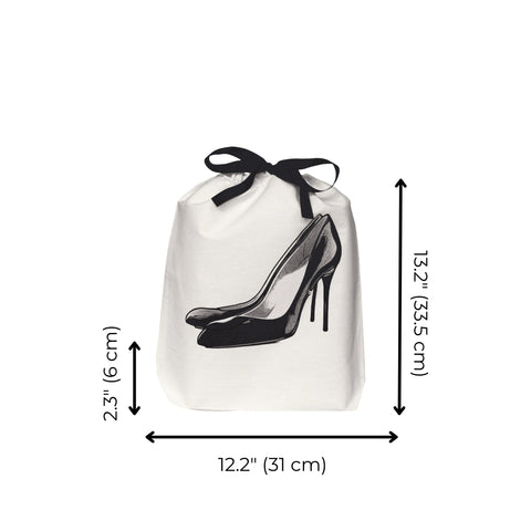 Bag-all Black Pumps Shoe Bag in cream cotton canvas featuring stylish black heel print, drawstring closure, perfect for protecting designer shoes and travel