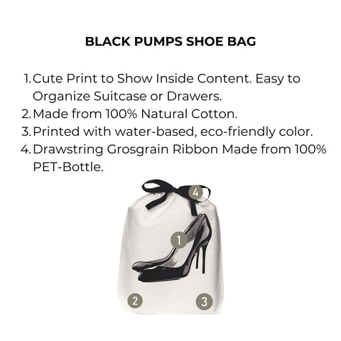 Bag-all Black Pumps Shoe Bag with stylish heel print design, natural cotton canvas construction, and eco-friendly drawstring closure, perfect for organizing and protecting high heels