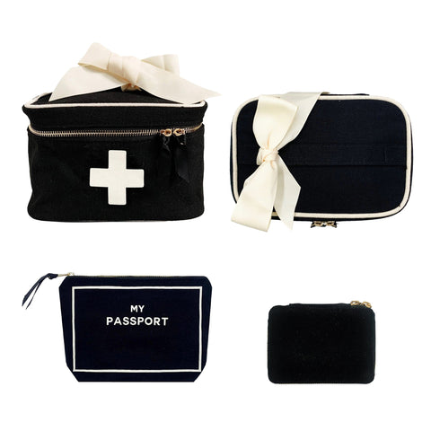 Bag-all First Aid Travel Gift Set Deal 3-Pack in Black featuring medical storage box, passport pouch, and pill case, made from premium cotton with elegant cream ribbon accents and gold zippers