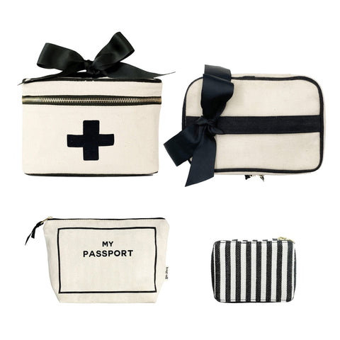 Bag-all First Aid Travel Gift Set 3-Pack - Cream cotton travel organizers featuring medical box with cross, passport pouch, and striped pill case with black ribbon accents