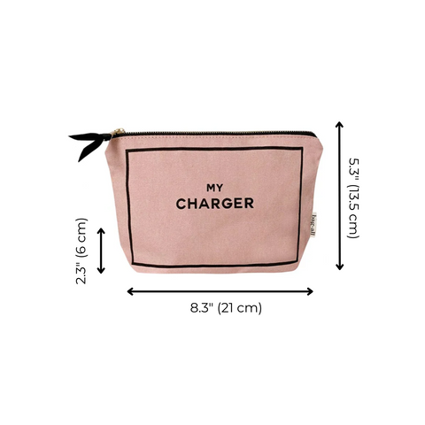 Bag-all My Charger Pouch in blush pink cotton with black text and gold zipper, compact size 8.3x5.3 inches, perfect for organizing cables and tech accessories