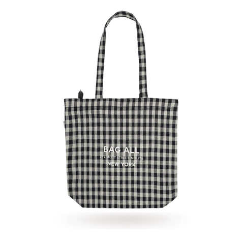 Bag-all New York City Tote with Zipper in black and white gingham linen pattern, featuring long handles and brand logo, perfect for sustainable urban lifestyle