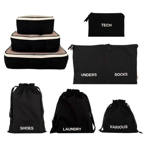 Bag-all BA Travel Set, 8-Pack in Black. Includes packing cubes, shoe bag, laundry bag, tech pouch, and organizers for travel essentials