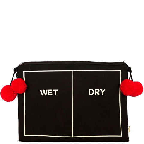 Bag-all Wet/Dry Pouch Black with red pom-poms - dual compartment travel organizer for separating wet and dry items, perfect for beach and pool essentials