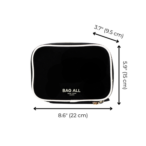 Bag-all Double Sided Toiletry Case in Black with natural cotton trim, dual metal zippers, and waterproof interior. Measures 8.6x5.9x3.7 inches, perfect for travel organization and daily essentials.