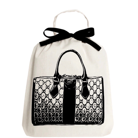 Bag-all Vintage Handbag Travel Bag in cream cotton with black designer handbag print and elegant bow, perfect for protecting luxury purses and accessories during storage or travel