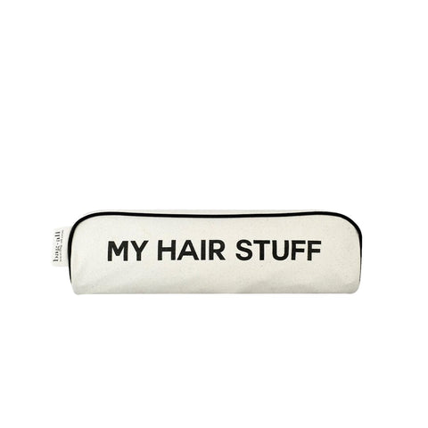 Bag-all Hair Stuff Travel Case in cream - stylish cotton organizer with black text and trim, perfect for storing hair tools and accessories while traveling