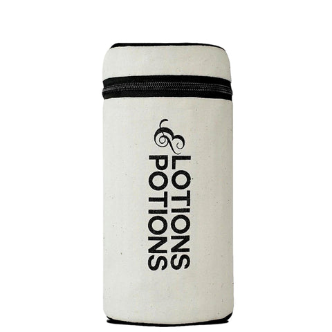 Bag-all Stylish Beach Essentials cream cotton organizer with Lotions & Potions text, featuring black zipper and minimalist design, part of 3-pack beach set