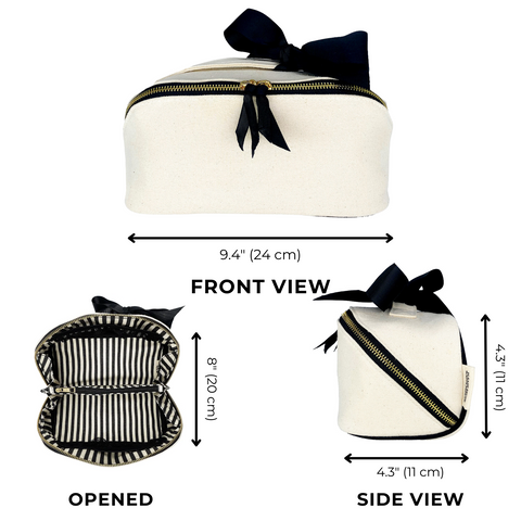 Accordion Box Makeup & Toiletry, Cream, stylish organizer with striped lining, gold zipper, and black ribbon bow.
