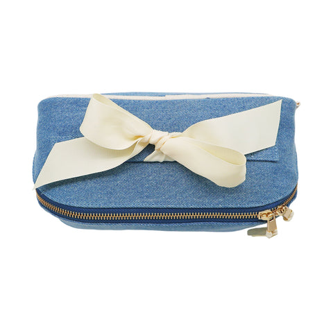 Bag-all Accordion Box Makeup & Toiletry in denim with gold zipper and cream grosgrain ribbon for stylish organization